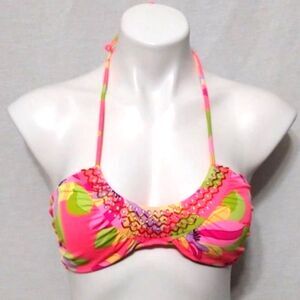 Victoria's Secret Coral Tropical Print Beaded Halter Bikini Top Size L